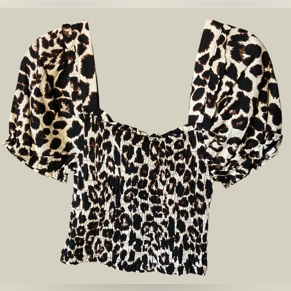 Monteau Smocked Crop Top Womens Small Leopard Print